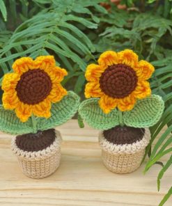 Chậu Hoa Len Hướng Dương Mini Handmade 6 chau hoa bang len 1